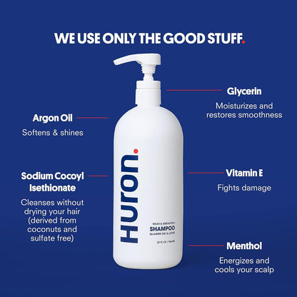 Huron Jumbo Shower Kit - Shampoo, Conditioner, & Body Wash For Men - Sandalwood + Black Pepper Scent - Hydrating & Nourishing Men’s Shampoo & Conditioner (30.3 Oz Each)