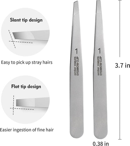 Flat and Slant Tip Tweezers of 2 Pack, Stainless Steel Precision Tweezer for Women Eyebrow & Hair Removal