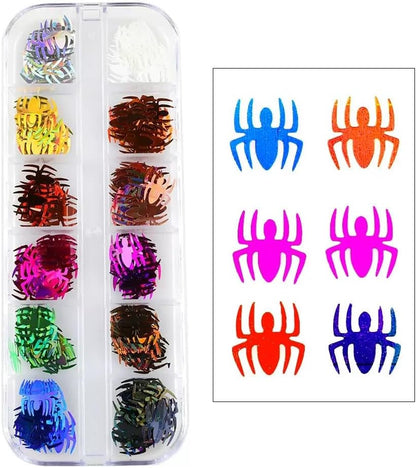 3 Boxes Halloween Nail Art Sequins 3D Holographic Spider Pumpkin Face Ghost Witch Skull Nail Art Glitter Sequins Halloween Nail Decoration Supplies for Women (36 Grids)