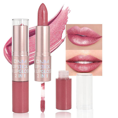 evpct 2 in 1 Natural Nude Pink Glitter Metallic Shimmer Diamond Lipstick and Lip Gloss Set for Women Long Lasting Waterproof, Warm Rose Pink Sparkle Glitter Shiny Lipstick and Lip Liner Makeup Set, 05