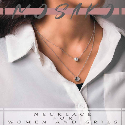 Layered Bead Necklace Chain Round Crystal Pendant Necklaces Jewelry for Women and Girls (Silver)