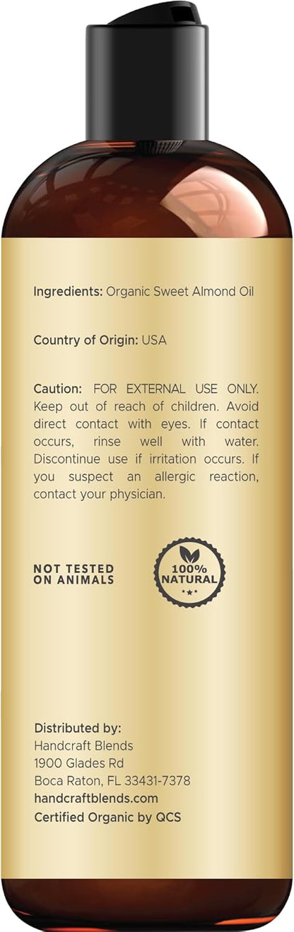 Handcraft Blends Organic Almond Oil - 8 Fl Oz - 100% Pure and Natural - Premium Grade Oil for Skin and Hair - Carrier Oil - Hair and Body Oil - Massage Oil - Hexane-Free