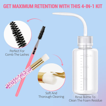 EMEDA Lash Shampoo Kit - 3.38 fl.oz / 100ml Gentle Foam Lash Cleanser, Oil-Free Cleaning for Wash Extension/Natural Eyelash Bath with Rinse Bottle Brush (Peach)