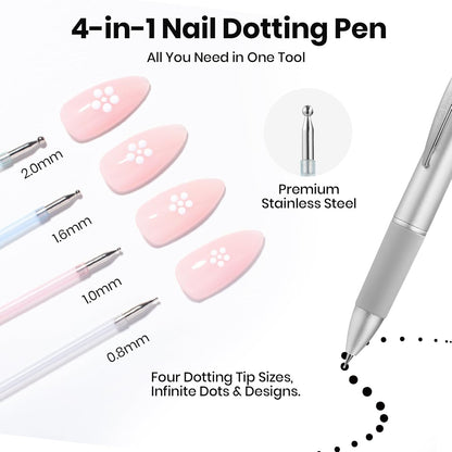 Beetles Nail Dotting Pen 4-in-1 Manicure Art Tools in Ballpoint Design with Size Marking and Pressing Head Double-end Nail Dotting Tool, Pefect for Dottings Painting Gems Chrome Powder DIY and Salon