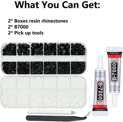 Black And White Rhinestones for Bedazzling With B7000 Glue, 2mm 3mm 4mm 5mm 6mm (SS8-SS30) Non-Hotfix Flatback Nail Gems Beads, Nail Crystals Diamond Kit for Bedazzle Crafting, Nails DIY Art