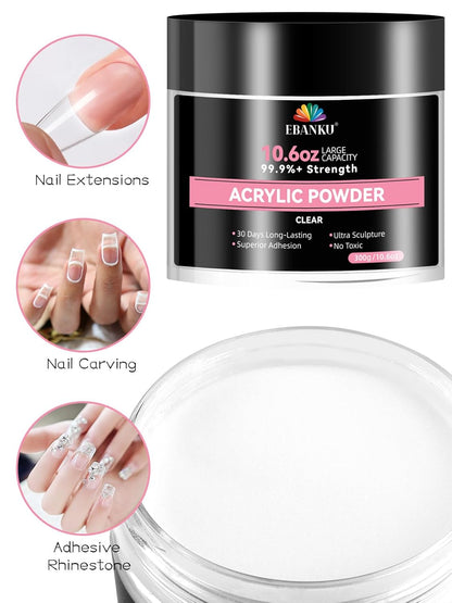EBANKU 10.6oz Clear Acrylic Powder, Crystal Transparent Acrylic Nail Powder for Nail Extenstion, Nail Carving, Long-Lasting, No Lamp Needed, Professional Nail Powder for French Manicure