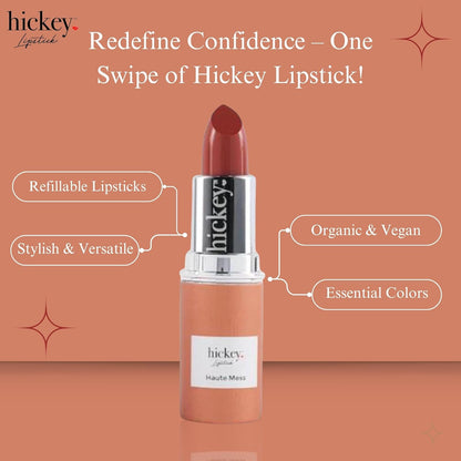 Hickey Lipstick Organic Haute Mess Terracotta Lipstick Shade Refill - Long Lasting Lipstick for Women, Hydrating & Moisturizing Shade, Lip Color for Women, Gluten-Free & Vegan with Highly Pigmented