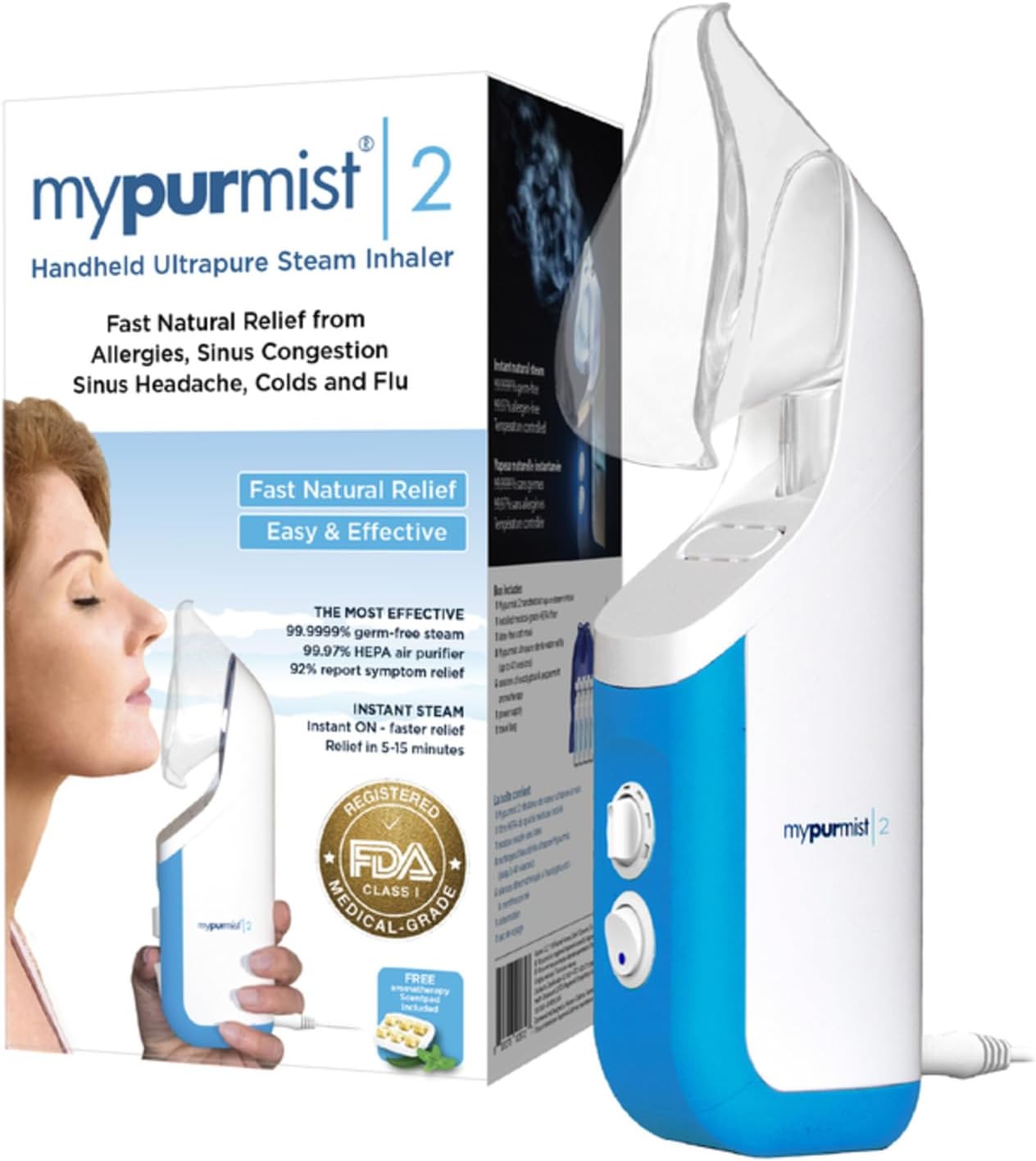 MYPURMIST® Handheld Ultrapure Instant Steam Inhaler – Fast Allergy Nasal Congestion Cold Cough Sinus Relief - Aromatherapy Vaporizer Steamer Humidifier, Voice Care, FSA/HSA/FDA Listed