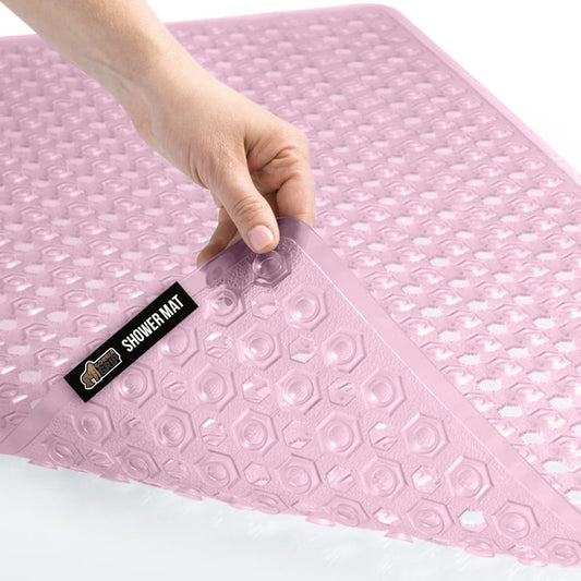 GORILLA GRIP Patented Bath Tub Shower Mat, Machine Washable Bathtub Floor Liner Mats, Suction Cups and Drain Holes to Keep Tubs Clean, Soft on Feet, Bathroom Essentials, 35x16 Inch, Clear Light Pink