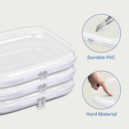 Clear Hard Plastic Zipper Case,Transparent Double Zippers Hard Pouch with 3pcs,Portable Travel Organizer Bin for Toy Storage