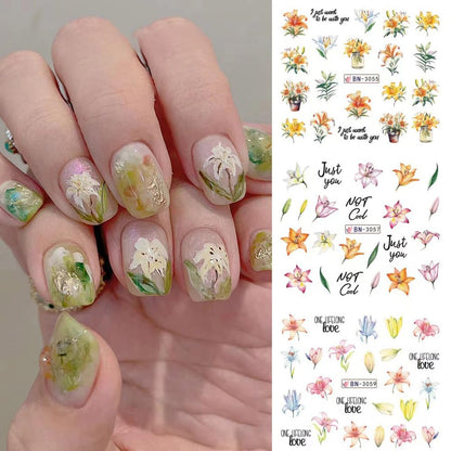 12 Designs Flower Nail Art Stickers - Lily Acrylic Decals for Spring Summer Decorations - Colorful Assorted Floral Water Transfer Slider Foil Sticker for Women
