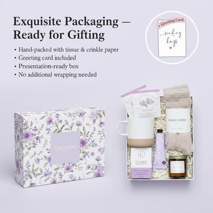 Unboxme Luxury Lavender Spa Gift Set – Relaxation Gift Basket & Care Package for Women with Candle, Bath Bomb, Soap, Cozy Socks, Mug & Tea – Get Well Soon, Sympathy, Birthday Self-Care Gift