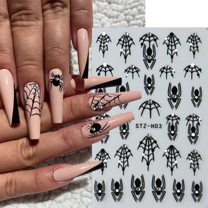 3 Sheets Halloween Nail Art Stickers Black Spider Nail Stickers for Nail Art 3D Self-Adhesive Black Spider Web with Diamond Design Halloween Nail Charms Goth Decorations for Women DIY