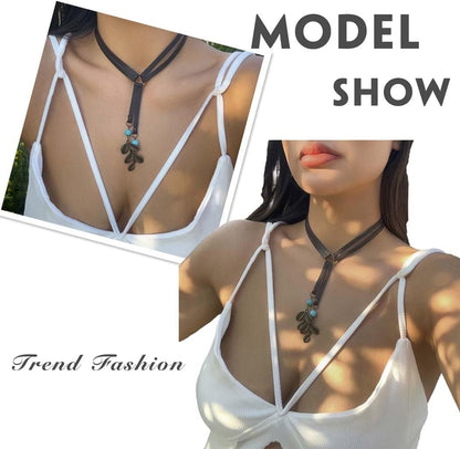 Y2K Necklace Puffy Turquoise Beaded Necklaces Pendant Boho Necklace Leather Choker Wrap Necklaces Jewelry for Women