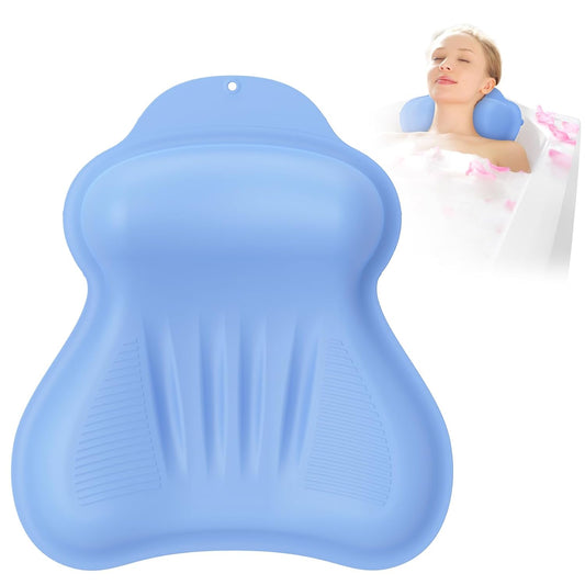 Silicone Bath Pillow, New Material Bath Pillows for Tub Head Neck and Back Support, Bath Tub Pillow with 4D Press Inflatable Airbag and Non-Slip Strong Suction Cups, Quick-Drying, Easy to Store, Blue