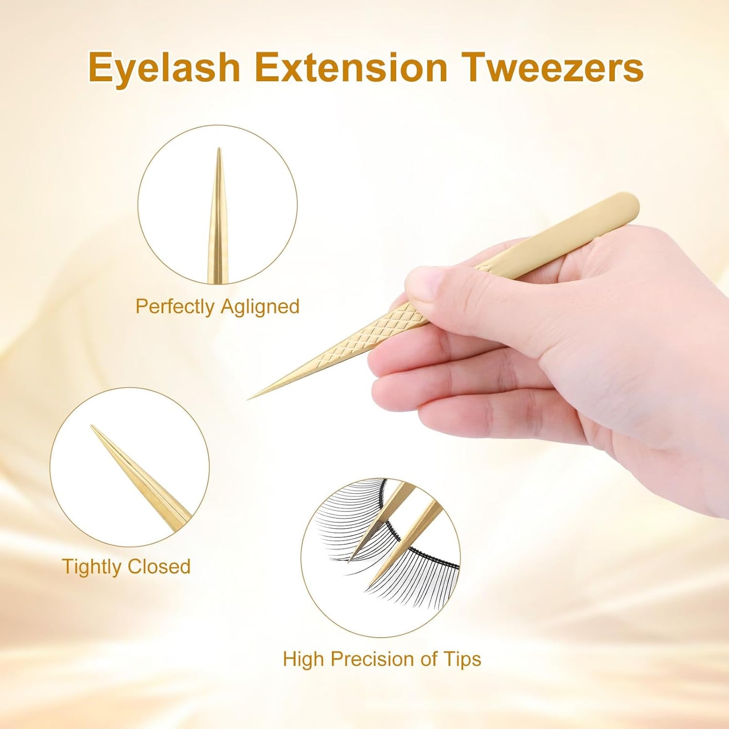 NAGARAKU Eyelash Tweezers, Precision Fiber Tip Tweezer for Eyelash Extensions Diamond Grip Anti-Static Anti-Slip Premium Gold Stainless Steel Pointed Lash Tweezers -Straight Tip Classic Tweezer AG-03