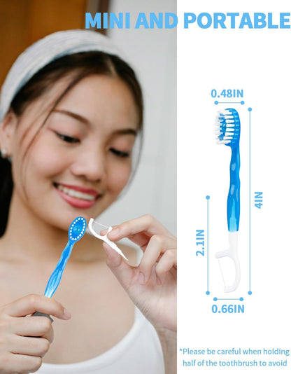5 in 1 Disposable Mini Toothbrushes Travel Size with Toothpaste, Floss, Pick & Tongue Scraper, Individually Wrapped, Portable Oral Care Set, 32 Packs, Mix 4 Flavors