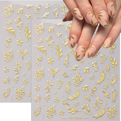 6 Sheets Gold Nail Stickers 3D Metallic Flower Leaf Nail Art Stickers 3D Self Adhesive Gold Nails Designs Accessories Cherry Blossom Flower Nails Decals for Women Girls DIY Summer Manicure Decoration