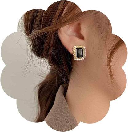 Vintage Black Square Earrings Onyx Square Stud Earrings Black Enamel Square Earrings Tiny Pearl Square Stud Earrings Jewelry for Women