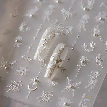 5D Embossed White Butterfly Flower Nail Stickers for Nail Art White Moon Star Nail Art Stickers White Nail Decals with Pearl Design Spring Summer Nail Supplies for Women Girls