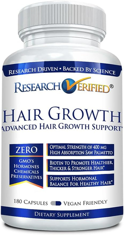 Research Verified Hair Growth Support - with Biotin, DHT Blockers & Vitamins - Hair Growth and Hair Loss Prevention - 180 Capsules - 3 Month Supply
