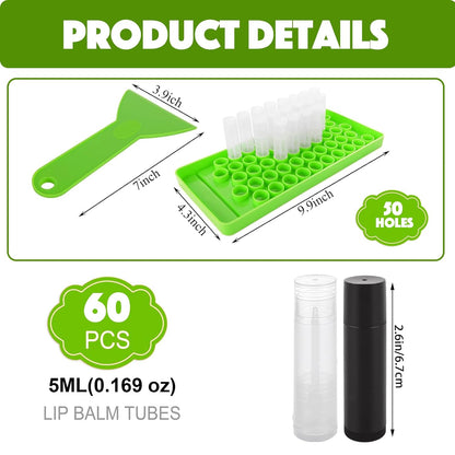 Lip Balm Tubes with Filling Tray and Spatula, 60 Empty Lip Balms Containers with Caps (Clear+Black), 60 Writeable and 60 Printed Stickers, BPA Free, Make Natural Lip Balm Kit for DIY