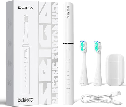 SEIGA Sonic Electric Toothbrush for Adults,5 Cleaning Modes & 3 Intensities,Rechargeable Travel Toothbrush with 2 Brush Heads,Built-in 2 Min Smart Timer,IPX7 Waterproof,One Charge for 60 Days