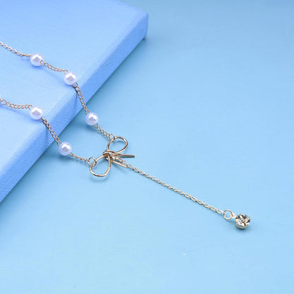 Bohemia Crystal Y Lariat Necklace Chain Pearl Beaded Choker Necklace Bow Knot Necklace Choker Gold Rhinestone Y Drop Necklace Chain Jewelry for Women and Girls