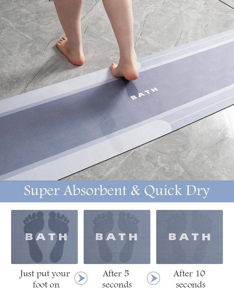 MontVoo-Bath Mat, Long Non Slip Absorbent Stain Resistant Quick Dry Thin Bathroom Rug, 17"x50", Blue