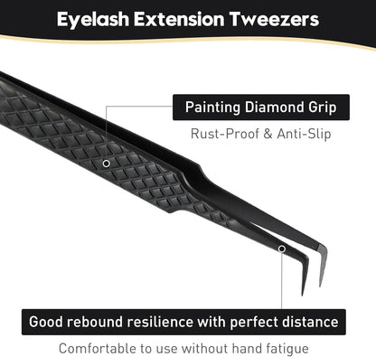 Ms.Queen Lash Tweezers for Eyelash Extensions, Diamond Grip 90 Degree Fiber Tip Volume Lash Extension Tweezers,Black