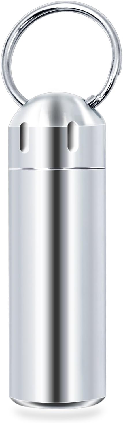 SHD Pill Box Keychain Waterproof Single Chamber Stainless Steel Pill Organizer for Outdoor Travel Camping