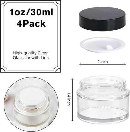 1oz Jars with Lids, HOA Kinh 4 Pack Clear Glass Jars Empty Cosmetic Containers Round Airtight Glass Jar with Inner Liners and black Lids for Storing Lotions, Powders, and Ointments