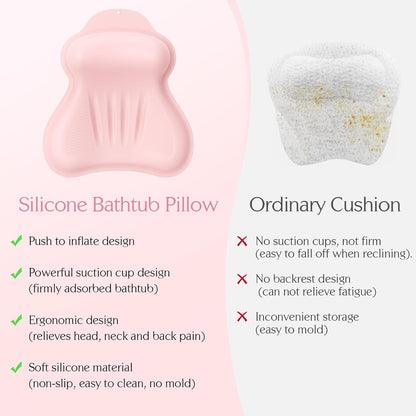 Silicone Bath Pillow, New Material Bath Pillows for Tub Head Neck and Back Support, Bath Tub Pillow with 4D Press Inflatable Airbag and Non-Slip Strong Suction Cups, Quick-Drying, Easy to Store, Pink