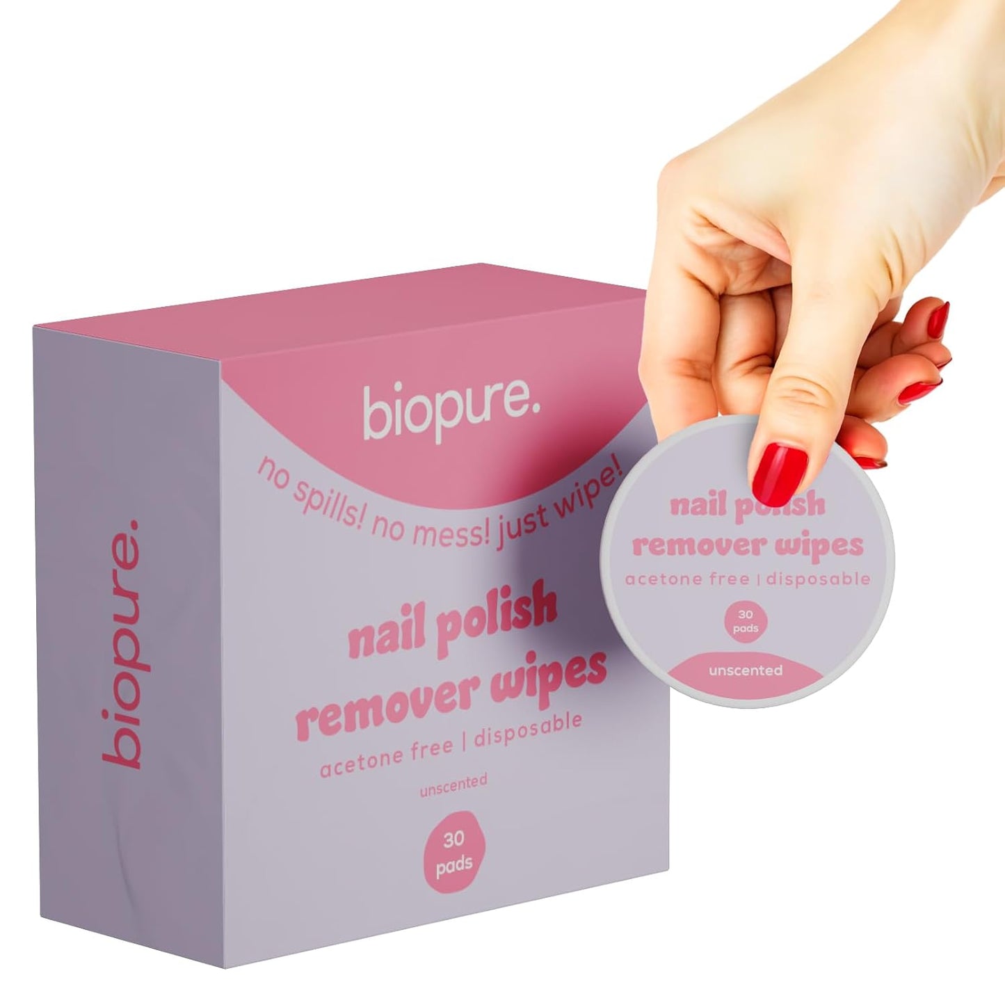 Biopure Nail Polish Remover Wipes Acetone-Free & Non-Toxic – Quick & Easy Nail Polish Removal, Travel-Friendly Disposable Pads w/Sealable Jar (90 Count, Unscented)