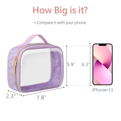 PACKISM Floral Texture TSA Approved Toiletry Bag - 180° Large Opening Clear Makeup Bags with Handle, Easily Access, Clear Travel Bags for Toiletries TSA Approved, Thick 0.5 mm, Purple