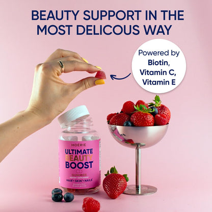 Moerie Hair Skin and Nails Gummies for Women & Men - Biotin for Hair Loss, Gummy Vitamins & Growth Dietary Supplements - Sugarbear for Thicker Hair - Allergen Free - 120 per Serving - Balanced Diet