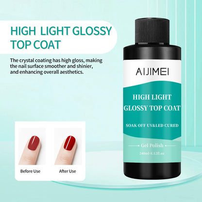 AIJIMEI 240ml High Shine Glossy Top Coat for Nails Long Lasting, Smooth TopCoat, High Light Glossy Top Coat for DIY Nail Art Use Enhance Your Manicure with Brilliant Reflection 8 Fl Oz