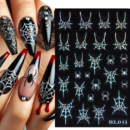 5Sheets 5D Embossed Nail Stickers, Halloween Spider Web with Rhinestone Design Self-Adhesive Nail Decals, White, Black, Rainbow, Gold, Laser Silver Nails Adhesive Sliders for Women Art Decorations