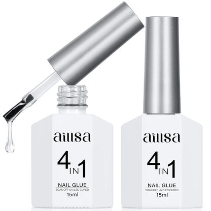 AILLSA 2PCS Gel Nail Glue for Acrylic Nails, 4 in 1 Super Strong Adhesive for False Tips, UV Curing Needed, 15ml High Capacity Extension Brush On for Rhinestone Pearl Foil