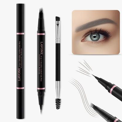 Eyebrow Pencil Makeup Kit, with Waterproof 2-IN-1 Microblading Eyebrow Pen, Eyebrow Pomade, Eyeliner and Dual-ended Eyebrow Brush, Brow Pencil Kit for Natural Eyebrows - Grey