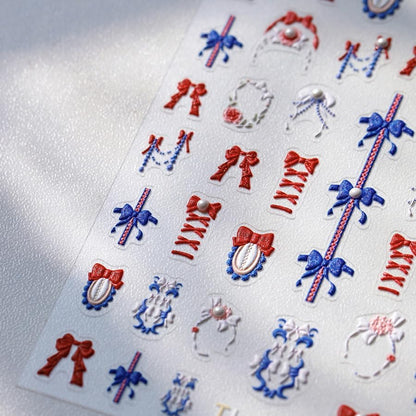 5D Embossed Bows Nail Stickers, Pearl Nail Art Sticker Self-Adhesive Nail Decals for Women Red and Blue Nail Supplies Art Design Stickers (1, Red and Blue)