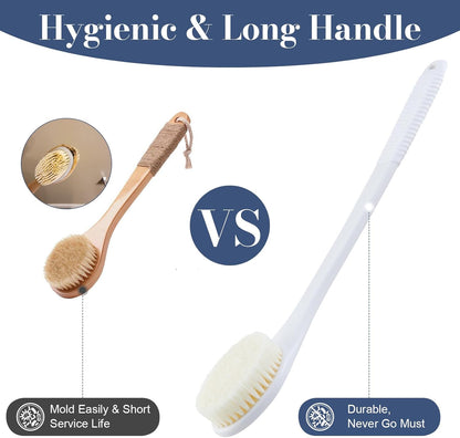 Back Scrubber for Shower, Shower Body Brush for Cleaning with Long Handle for Showering, 17 Inch Back Washer Exfoliator for Shower Men Women with Non-Slip Handle, Adhesive Hook (White)