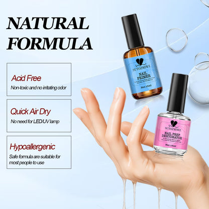 15 ml Nail Dehydrator and Primer Set, Acid Free Natural Prep Dehydrate & Bond Primer, Professional Nail Prep Kit for Acrylic Nails Gel Polish Manicure Nails Supplies Fast Dry