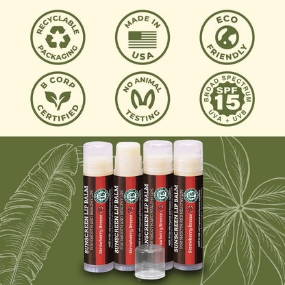 Earth's Daughter SPF Lip Balm 4-Pack Strawberry Flavor - Lip Sunscreen, SPF 15, Organic Ingredients, Beeswax, Coconut Oil, Vitamin E - Hypoallergenic, Paraben Free, Gluten Free