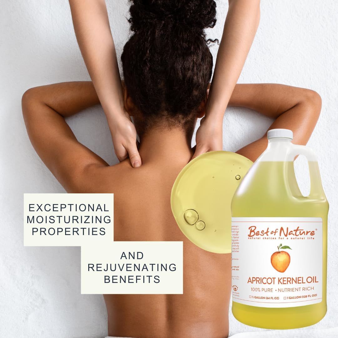 Best of Nature 100% Pure Apricot Oil – Lightweight Massage & Body Oil, Unscented Moisturizer for Hair, Skin, Face, Ideal Carrier Oil for Essential Oils, Half Gallon (64 fl oz)