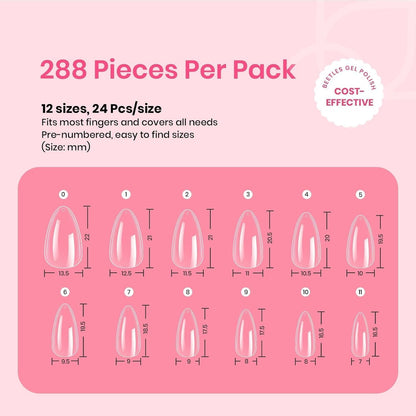 Beetles Gel Short Almond Nail Tips, 288Pcs Pre-Shape Clear Short Almond Gel Press On Nail Fake Nails Easy Nail Extension Full Cover False Nails for Gel Nail Polish Gelly Tips DIY Nail Salon