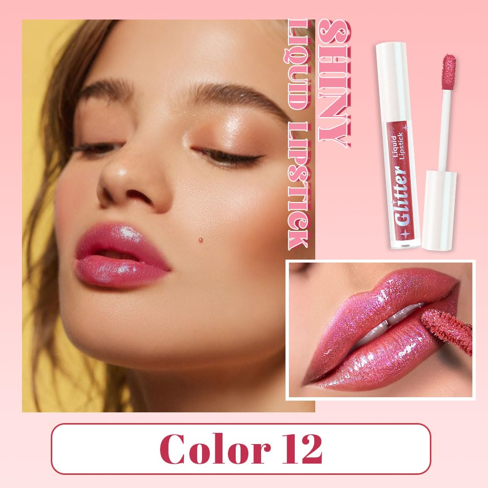 Dark Pink Metallic Lipstick for Women,Lightweight Glitter Sparkling Liquid Lipsticks,Shimmer Lip Gloss Stain Long Lasting Waterproof Smudge Proof Non-Drying 24 Hour Full Coverage Lip Makeup,Vegan
