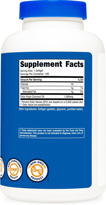 Nutricost Coconut Oil Softgels (1000mg) 120 Softgels - Extra Virgin Coconut Oil - Gluten Free and Non-GMO