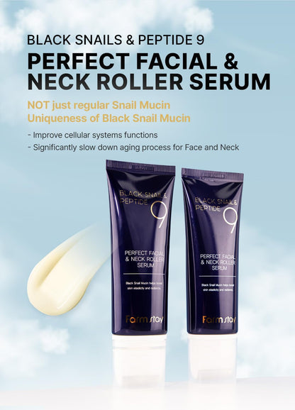 Farmstay Black Snail & Peptide 9 Perfect Facial & Neck Roller Serum – Firming & Lifting, Deep Hydration & Skin Elasticity, Snail Mucin & 9 Peptides for Youthful Glow & Smooth Skin, 100ml