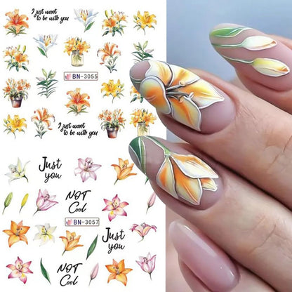 12 Designs Flower Nail Art Stickers - Lily Acrylic Decals for Spring Summer Decorations - Colorful Assorted Floral Water Transfer Slider Foil Sticker for Women